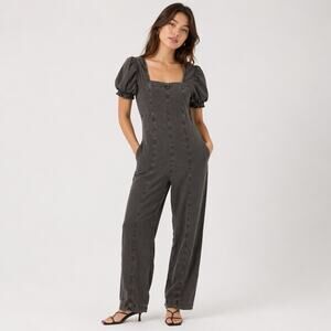 The Pyramid Collection Jumpsuit Small Wide Leg Puff Sleeve Mineral Wash Gray